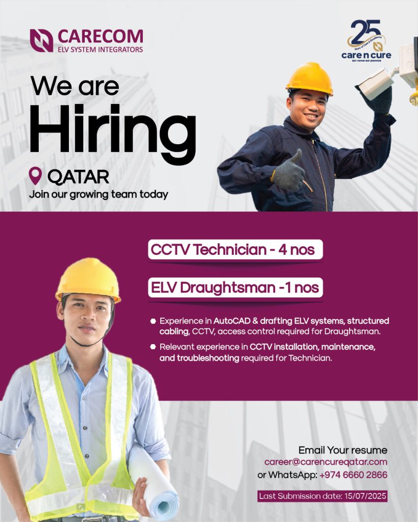 CARECOM – CCTV Technician / ELV Draughtsman (Care n Cure Group) is expanding its team in Qatar!
We are looking for passionate and skilled professionals to join our dynamic projects.